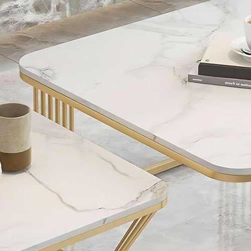 Image of Square Side Table Set of Stackable Tea or Coffee Tables with Marble Tops for Apartments, Bedrooms, and Living Rooms White Gold