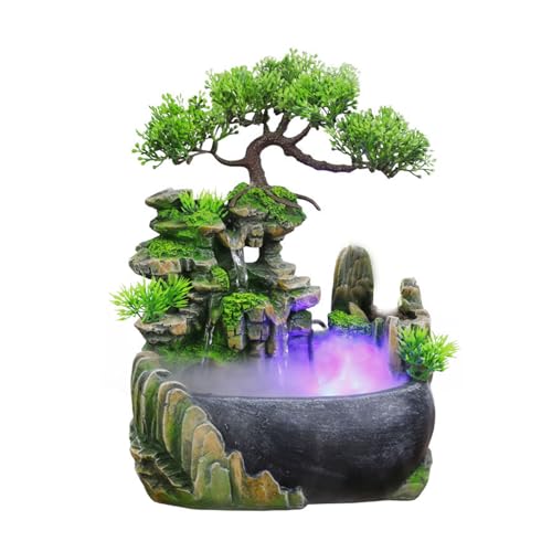 11-Inch Tabletop LED Waterfall Fountain with Atomizer &ndash; Quiet Resin Rockery Mist Humidifier for...