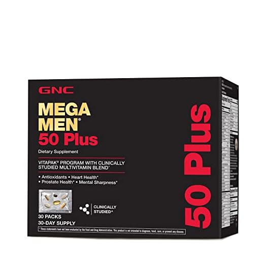 GNC Mega Men 50 Plus Vitapak, 30 Packs, Support Heart and Prostate Health and Promotes Mental Sharpness