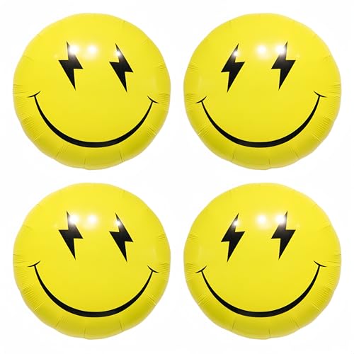 4Pcs Yellow Smile Face Balloon 23 Inch/Yellow Lightning Smile Party Helium Balloon/Preppy Smile Face Theme Birthday Party Decoration/One Happy Dude 1st Birthday Party Supplies/Boy Party Decor