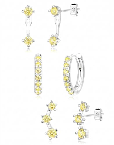 Silver Yellow Stud Earrings Set for Women Dainty Huggie Hoop Jacket Studs Earring Stack for Multiple Piercing Yellow Dainty Birthstone Trendy Jewelry Gifts