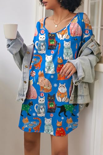 Image of Ekouaer Womens Tshirt Nightgown Cotton V Neck Sleepshirts Comfy Casual Nightshirt for Women, Cat Blue, Medium