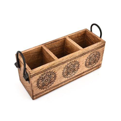 NIRMAN Flatware Organizers Mango Wood 3-Compartment Rustic Natural Finish with Floral Carving & Iron...