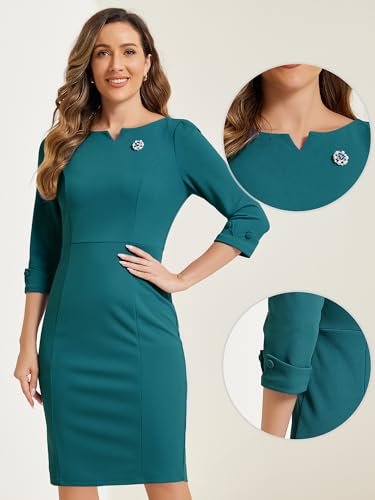 Image of Allegra K Work Dress for Women 3 /4 Sleeve Boat Neck Back Slit Sheath 2026 Professional Bodycon Business Casual Dresses