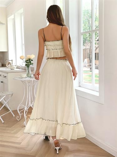 2025 Summer 2 Piece Maxi Skirt Set for Women Y2k Bow Tie Crop Top Flowy Ruffle Tiered Dress Vacation Beach Outfit4