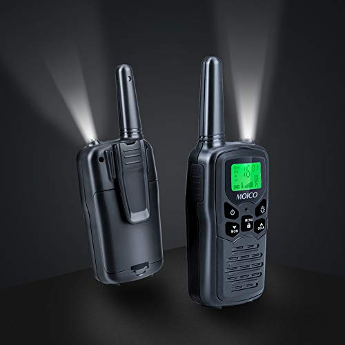 Image of MOICO Long Range Walkie Talkies for Adults with 22 FRS Channels, Family Walkie Talkie with LED Flashlight VOX LCD Display for Hiking Camping Trip (Black 2 Pack)