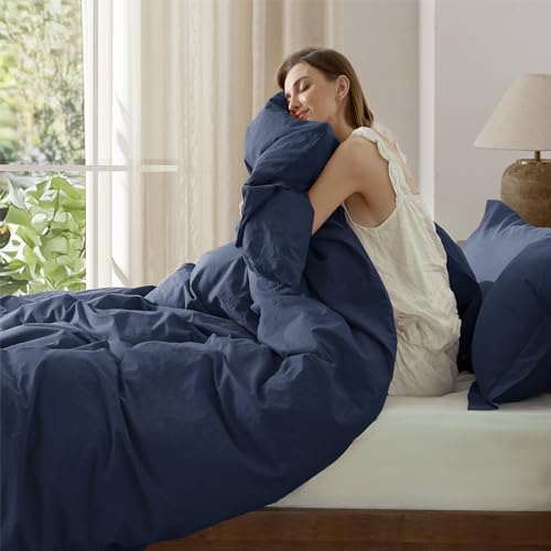 Bedsure 100% Washed Cotton Duvet Cover King Size - Navy Minimalist Cotton Duvet Cover Linen Like for All Seasons - GentleSoft™ Plain Simple Bedding (Navy, King, 104"x90")