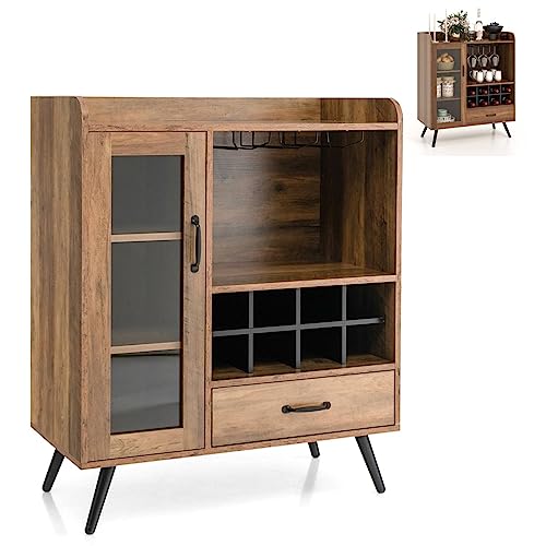 Wine Cabinet, Wooden Buffet Sideboard with Shelves, Removable Wine Racks, Drawer, Glass Holder & Door, Industrial Kitchen Storage Cupboard for Home Bar Dining Living Room
