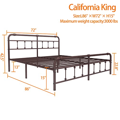 Debercu Cal-King-Size-Bed-Frame With-Headboard And Footboard - No Box Spring Need,Victorian Vintage Heavy Duty Metal Platform Mattress Foundation(Brown) #TOP1