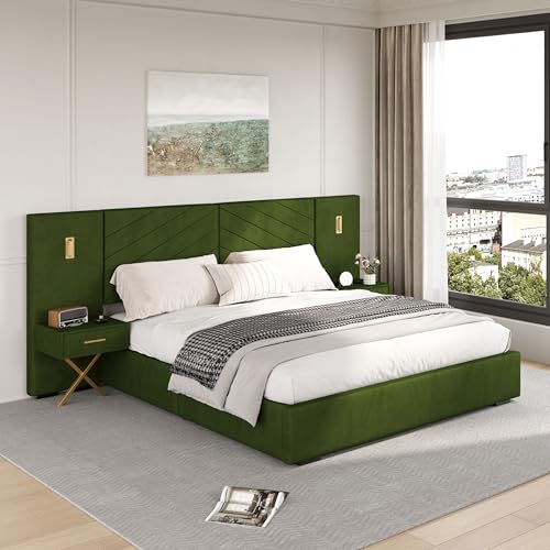 DEINPPA Luxury King Bed Frame with Built-in Gold LED Lights and Nightstands, King Size Platform Bed...
