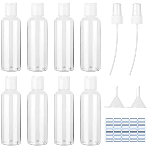 8 Pack 100 ml Travel Bottles Refillable Cosmetic Containers Plastic Bottles with Spray Nozzles Funnels and Stickers Clear Empty Bottles Suitable for Travel Shampoo Lotions Creams Cosmetics Cover