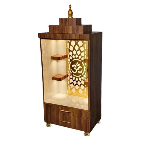 Image of White Wooden Pooja Mandir for Home & Office | Decorative Wooden Temple with Golden Om Jali, Warm LED Light (Brown)