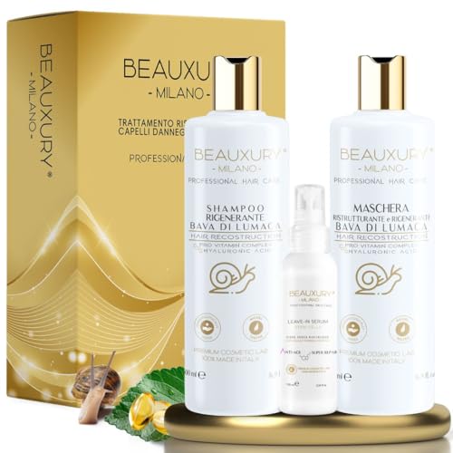 Beauxury Milano Kit Ricostruzione Professionale Shampoo, Maschera e Siero con Bava di Lumaca e Acido Ialuronico per Capelli Crespi e per Danni da Tintura e Decolorazione