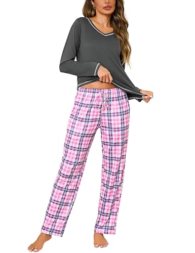 Bresdk Pijama Mujer Tallas Grandes Invierno Algodón Pijama Mujer Algodon Manga Larga con Pantalones a Cuadros con Bolsillos Elegante y Cómodo Gris 3XL