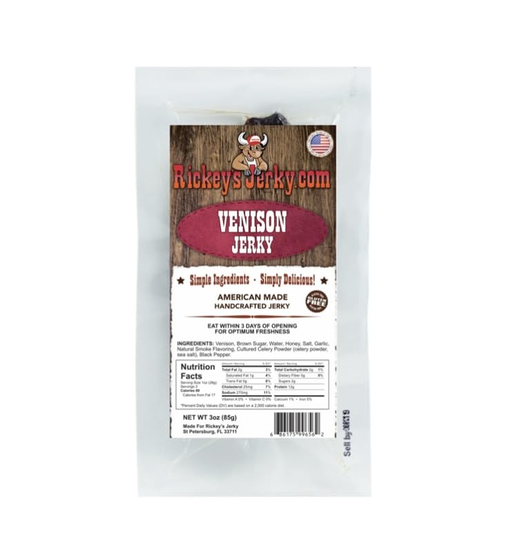 Rickey's Jerky, Elk, 100% Made From Solid Strips of Exotic Wild Game Jerky, All Natural Meat, High Protein snack, Keto Friendly, Gluten Free, Simple Ingredients, Perfect for Father's Day or that hard to buy for man. (Elk)