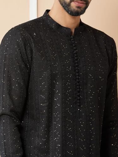 Image of See Designs Men's Long Sleeve Mandarin Collar Side Slit Embroidered Thread Work Sequinned Chanderi Silk Straight Kurta with Pyjama