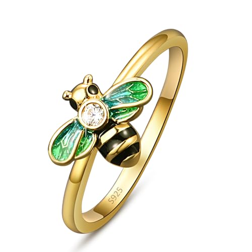 18K Gold Plated Rings for Women, Honey Bee Engagement Ring, Dainty Cubic Zirconia Stackable Wedding Band Promise Ring for Her