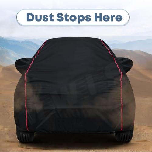 Image of Waterproof Car Cover for Maruti Suzuki Celerio | All-Weather Protection, Dustproof & UV Resistant | Triple Stitched Mirror Pockets, Windproof Buckle Strap with Elastic Hem, Black-Red Piping