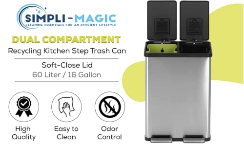 Simpli-Magic 79513 60 Liter / 16 Gallon Rectangular Hands-Free Dual Compartment Recycling Kitchen Step Trash Can thumb #6