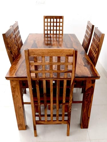 Image of Sheesham Wood Rectangle Dining Table with 6 Chairs | Durable Wooden Multipurpose 6 Seater Dining Table Set Furniture for Living Room, Home, Restaurant and Hotels (Natural Finish)