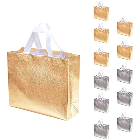 NINGWANG 12 Pcs Gift Bags Christmas Shopping Tote Bag Present Bags Glossy Reusable Gift Bags for Party Wedding (Silver+Gold) Cover