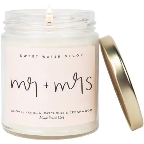Sweet Water Decor Mr. + Mrs. Candle - Gold Pepper, Clove Leaf, Nutmeg and Lavender Scented Candle for Home - 9oz Clear Jar with 40 Hour Burn Time, Made in USA - Wedding and Engagement Gifts