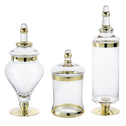 MyGift 3 Piece Set Antique Clear Glass Bathroom Apothecary Jars with Lid, Wedding Centerpiece, Kitchen Storage Jars with Metallic Brass-Tone Design