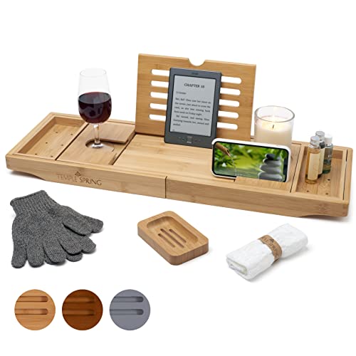 Badebomben Geschenkset, STNTUS Badekugeln Luxuriöses Geschenk für Frauen, Freundin, Mutter, Perfektes Valentinsgruß Geburtstags Weihnachts Badeperlen geschenke für Mama, Frau, Freundin 2 Temple Spring Badewannenablage mit Halter für Kerze, Weinglas, Buch, Tablet, iPad & Telefon Ausziehbare/verstellbare Brücke aus natürlichem Holz als Badewannenablage. Zu 100% aus Bambus (Natürlich)