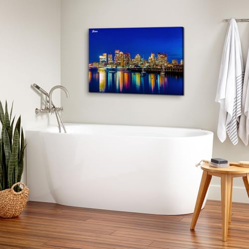Image of Night Scene Canvas Prints Poster Boston Cityscape Wall Art Nature Blue Skyline Landscape Paintings Wall Decor Building Reflection Picture Artwork Office Bathroom Bedroom Living Room Decorations 24x36 inch