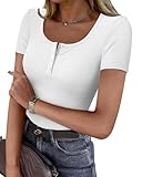 GKBK Womens White Short Sleeve Shirts Ribbed Slim Fitted Tight Henley Shirts Scoop Neck Cute Basic Tee Tshirts Spring Summer Tops 2025 Trendy White S