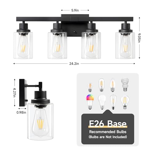 Image of 4-Light Bathroom Vanity Light, Modern Matte Black Wall Sconce Lighting with Clear Glass Shade, Bathroom Lighting Fixtures Over Mirror,Vintage Wall Mounted Lamps for Mirror Bedroom,Living Room