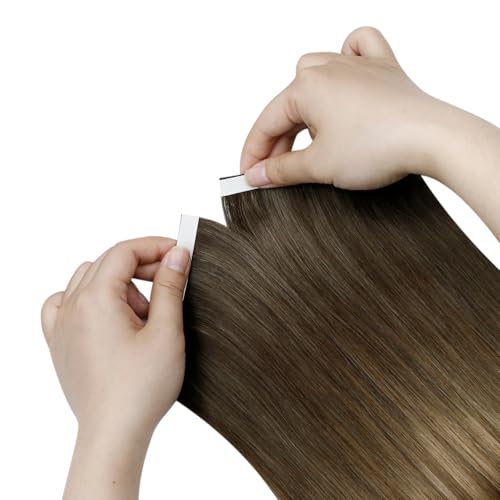 Image of LaaVoo Weft Tape Hair Extensions Medium Brown to Golden Brown Tape on Extensions Balayage Human Hair Tape in Weft Extensions 120g 20inch 4pcs