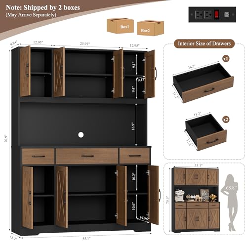 Image of HOSTACK 71 inch Tall Kitchen Pantry Cabinet, 55 inch W Kitchen Hutch, Brown /Black | Large Pantry Starge Cabinet with Charging Station / Countertop / Drawer, Farmhouse Hutch Cabinet with Storage for Dining Room