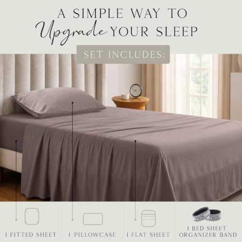 Image of KARISSA MAE Luxury Bamboo Viscose Twin Size Sheet Set | FSC Certified | Cooling | Ultra Soft | 18 inch Deep Pockets | Elastic Corner Straps | Includes Organizer Band [Mocha]