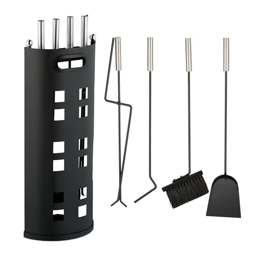 Relaxdays Kaminbesteck, 5-teiliges Set, Schürhaken, Ascheschaufel, Besen, Zange & Ständer, Kamingarnitur modern, schwarz