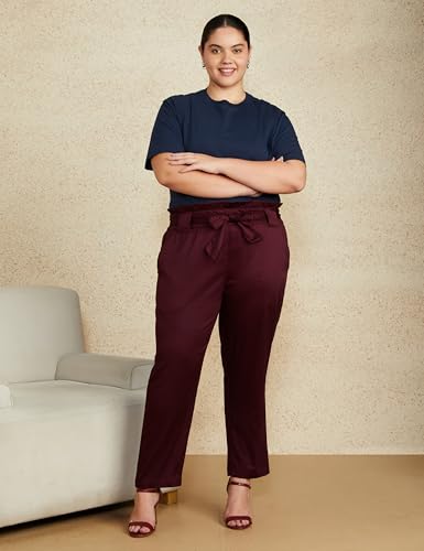 Image of Amazon Brand - Symbol Women's Tapered Paper Bag Trousers (High Rise Ankle Length | with Self Fabric Belt) (Available in Plus Sizes)