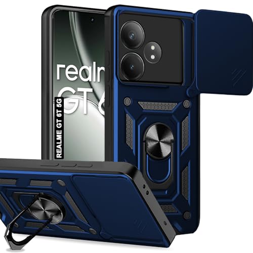 Image of AESTMO Polycarbonate Tough Armor Realme Gt 6T 5G Bumper Back Case Cover|Ring Holder & Sliding Camera Shield Cover|360 Degree Protection Back Case Cover for Realme Gt 6T 5G (Blue)