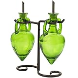Lime Green G221VF Olive Oil Vinegar Dish Wash Soap Dispensers, Decorative Colored Glass Cruet Bottles with Cork, Spout and Black Metal Stand. Romantic Decor & More