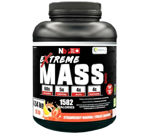 Sunshine Biopharma - Extreme Mass weight gainer muscle builder, 10 lb (4.54 kg) with less sugar for intense workout training made of high calorie fortified whey protein (Strawberry-Banana)