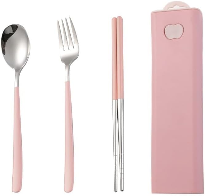Flatware Silverware Set, 304 Stainless Steel Pull-out Portable Tableware Spoon Fork Chopsticks Three-piece Set Student Office Worker Travel Camping Tableware, Tableware Cutlery Set(Pink,4Set)