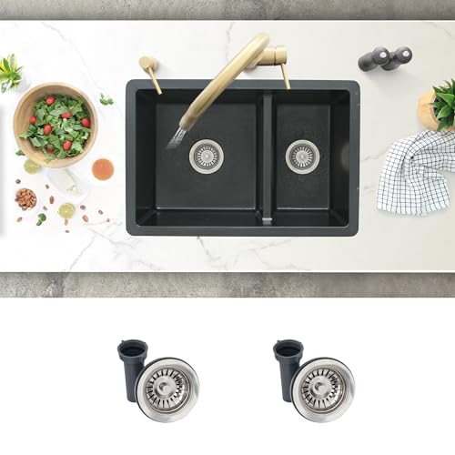 Image of Stylish 27.25 x 18.75 Inch Drop In or Undermount Kitchen Sink Double Bowl Workstation 9.5 Inches Deep Granite Composite Kitchen Sinks with Regular Strainers Black, S-827N