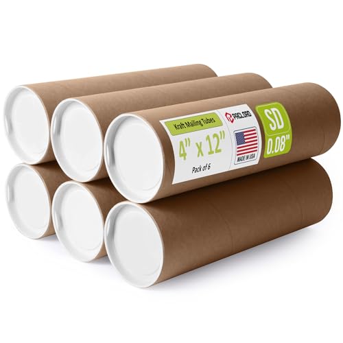 4" x 12" Reinforced Kraft Paper Mailing Tubes, Pack of 6 Tubes with 2 Caps Each – USPS Approved Poster Tube – Made in USA Cardboard Tube for Shipping and Storing Posters, Prints, Artwork, or Documents