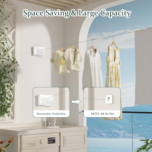 Image of Retractable Cloth line for Drying Clothes Indoor,Heavy Duty Double Cloth Drying Rope for Balcony,Wall Mounted Cloth Drying Stand Laundry Clothesline Adjustable Washing Line 13.8 Ft Wire (Big)