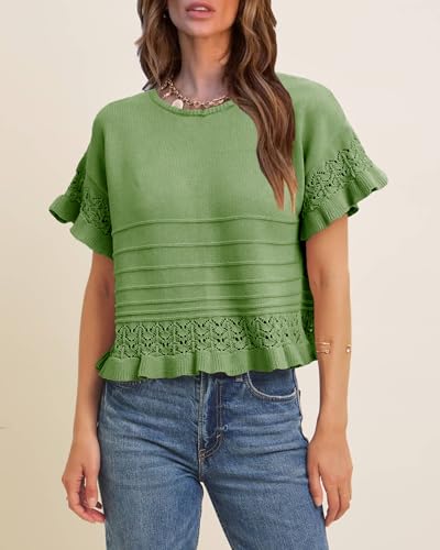 Women's 2025 Fall Short Sleeve Sweater Tops Casual Crew Neck Ribbed Knit Blouses Trendy Ruffle Hem Pullovers4
