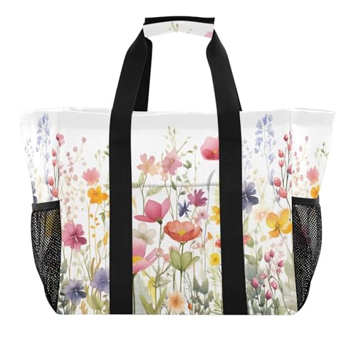 Grand sac de plage en toile premium motif fleurs colorées chic avec finitions soignées