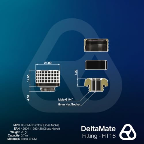 Image of Thermal Grizzly DeltaMate HT16 Hard Tube Fitting - Gloss Nickel - G1 /4 inch