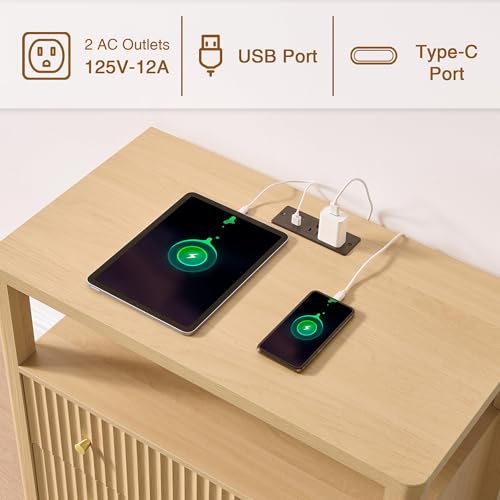 Image of Fluted Nightstand with Charging Station Set of 2, 27.3 inch Wide Modern Bedside Table with 2 Drawers & Open Shelf, Large Wood End Table with Storage & Metal Handle for Bedroom, Natural Wood