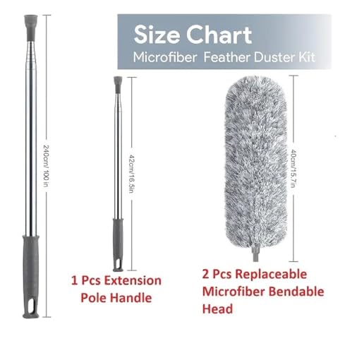 Image of Long Handle Microfiber Feather Ceiling Duster for Home Dust Cleaning 1pcs 100 Inch Extendable Pole & 2pcs Replaceable Bendable Brush for Cleaning High Cobweb Stick high Ceiling Fan Cleaner