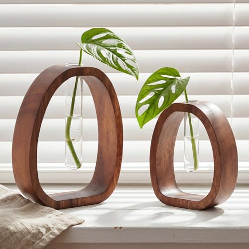 Houmury Walnut Wood Propagation Station Set of 2 Hydroponic Glass Test Tube Vases 7.5&rdquo; & 5.8&rdquo; for Plants Cuttings Modern Farmhouse Table Centerpieces for Home Office Desk Decor