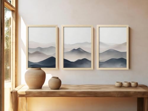 Image of BLINKART Set of 3 MISTY MOUNTAIN LAYERS Natural Brown Frame Painting for Wall Decoration - Modern Art Wall Decor Framed Painting for Living Room Bedroom - Framed Wall Posters /Paintings (8X12 inch)